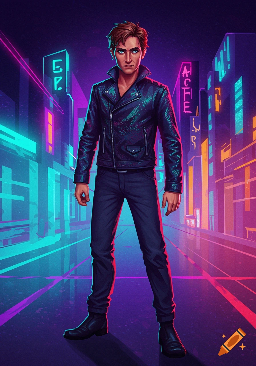 A man in a leather jacket stands on a neon-lit street in a futuristic cityscape, rendered in an illustrative style.