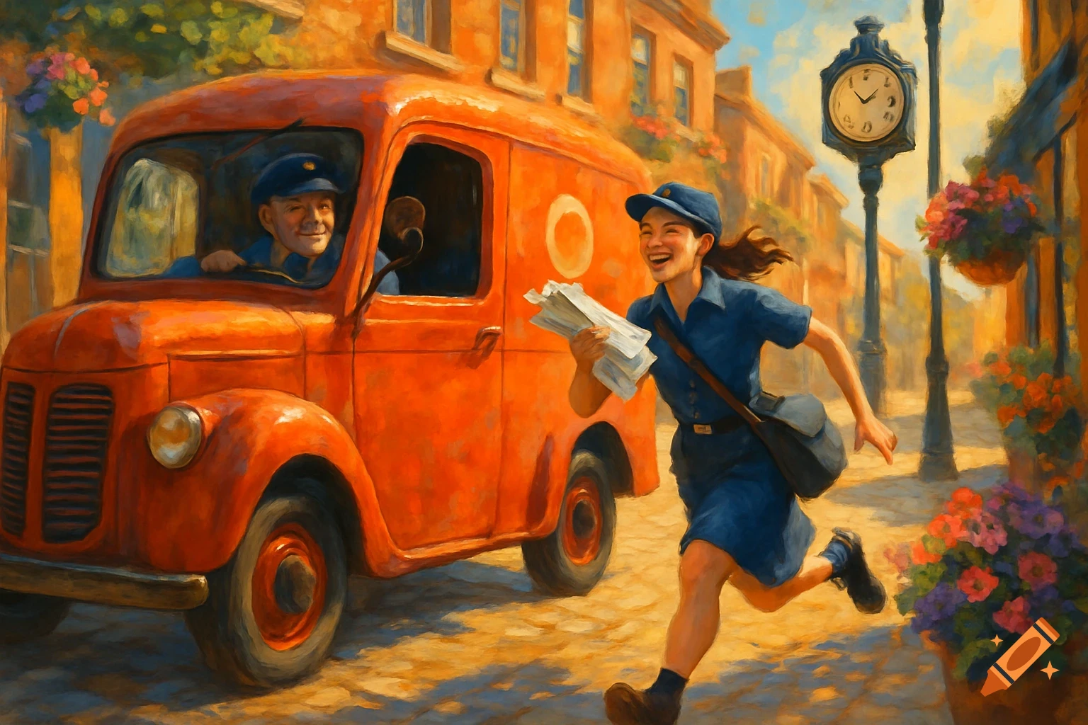 A painterly scene of a smiling postwoman running with mail next to an orange mail van, with a postman visible inside, on a sunny street with a clock tower.