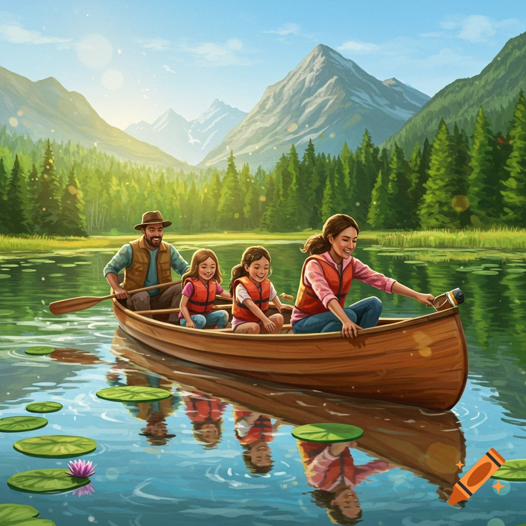 A family of four canoeing on a lake, surrounded by mountains and a lush forest. The water reflects the vibrant landscape.