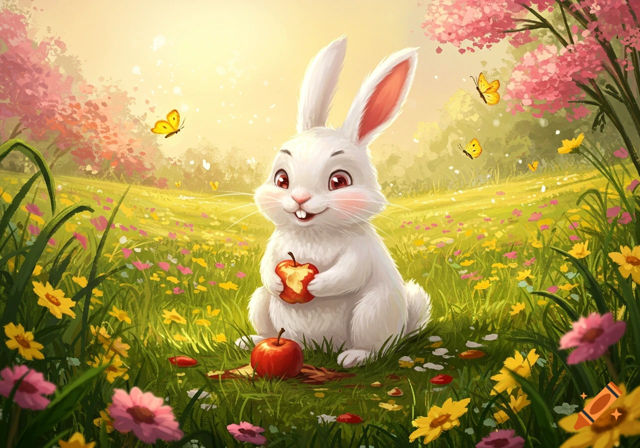 A cute white cartoon rabbit sits in a sunny meadow, holding a bitten red apple, surrounded by colorful flowers and yellow butterflies.