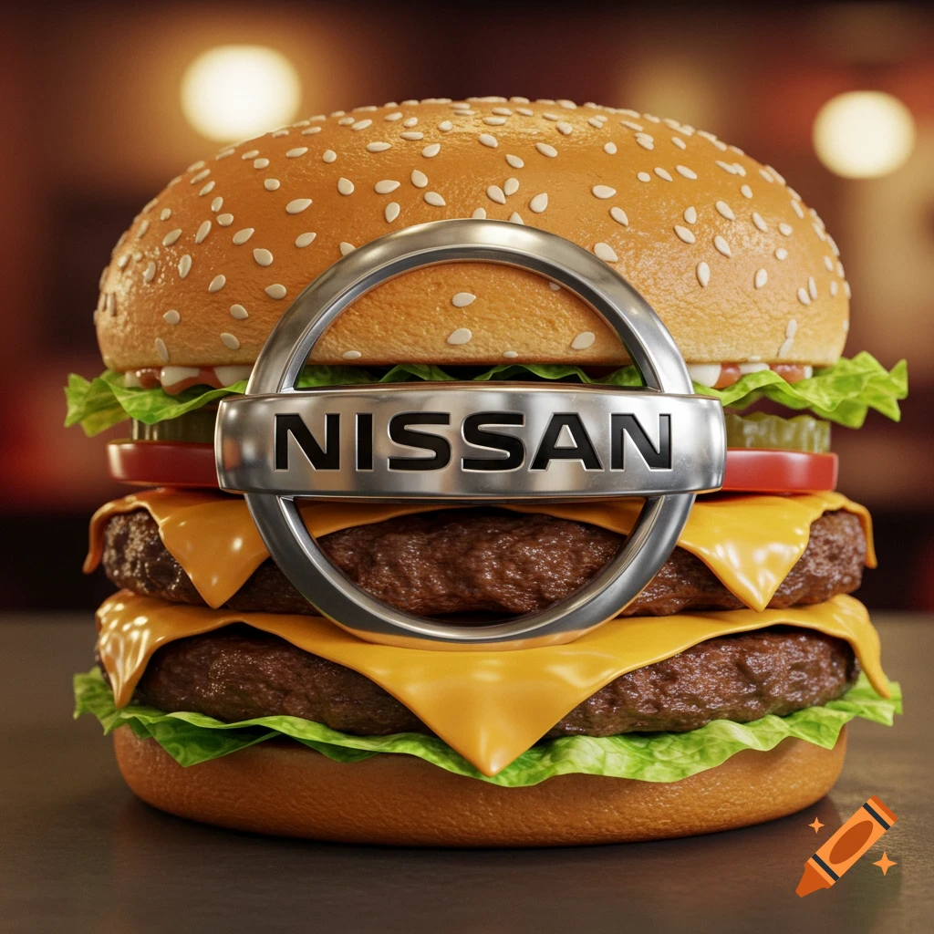 A realistic double cheeseburger with a metallic Nissan logo prominently placed in front.