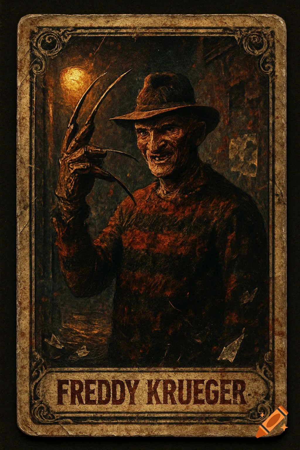 A grunge-style digital painting of Freddy Krueger, depicted as a vintage trading card with his name below.