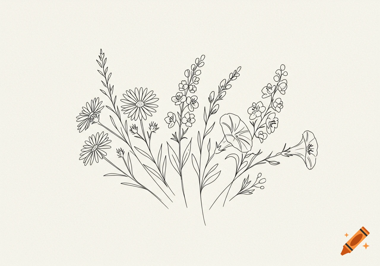 Simple fine line drawing of asters, morning glories, and larkspur flowers on a light background.
