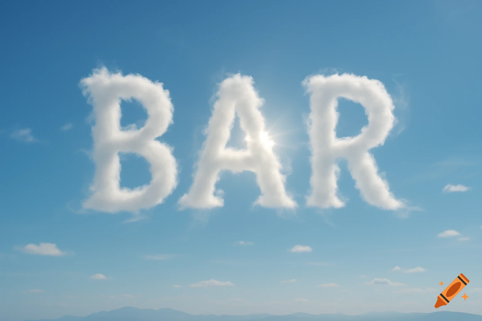 The word BAR spelled out in white puffy clouds against a bright blue sky with faint mountains below.