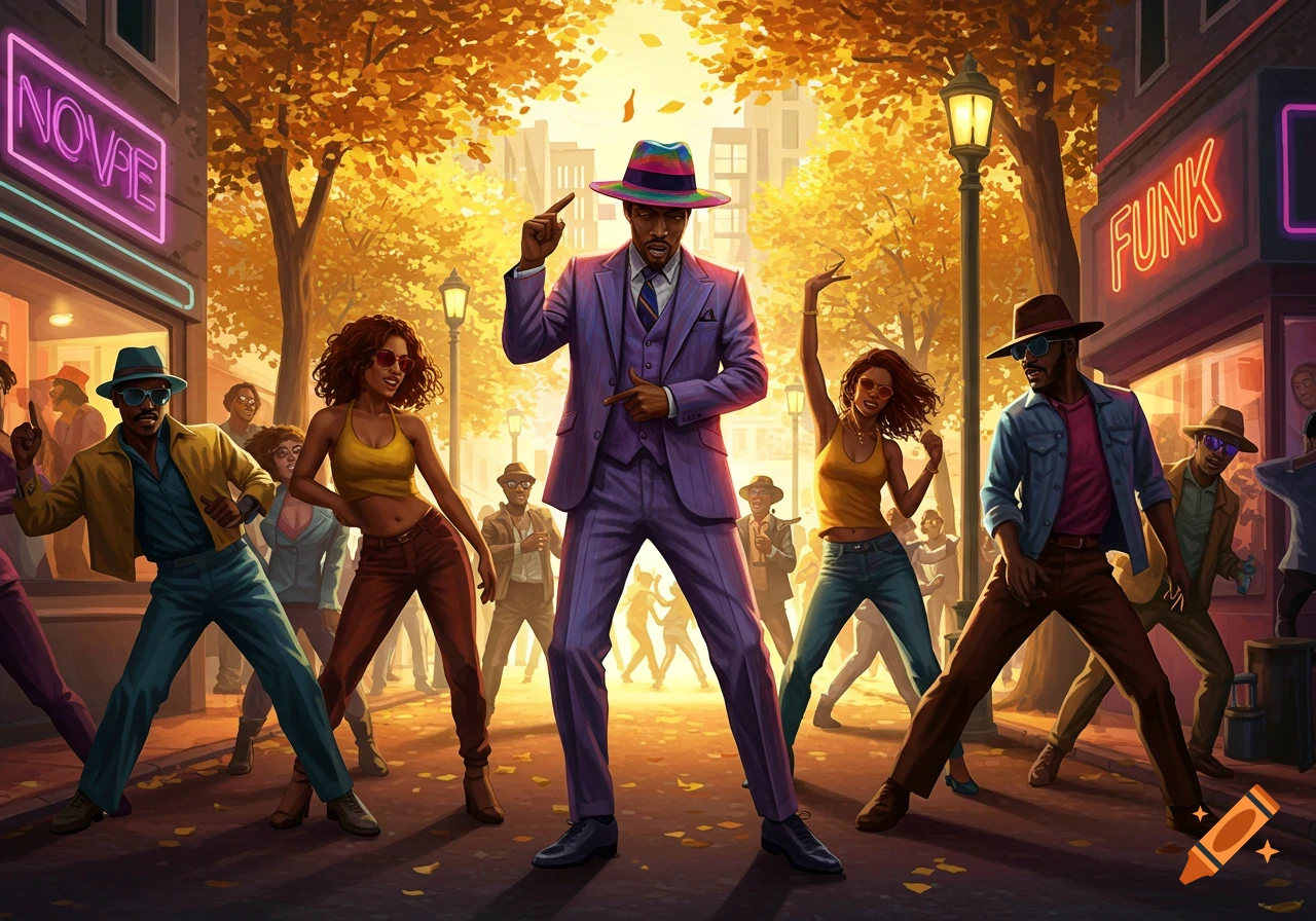 A group of people dressed in 70s funk fashion dance on a city street lined with autumn trees and neon signs.