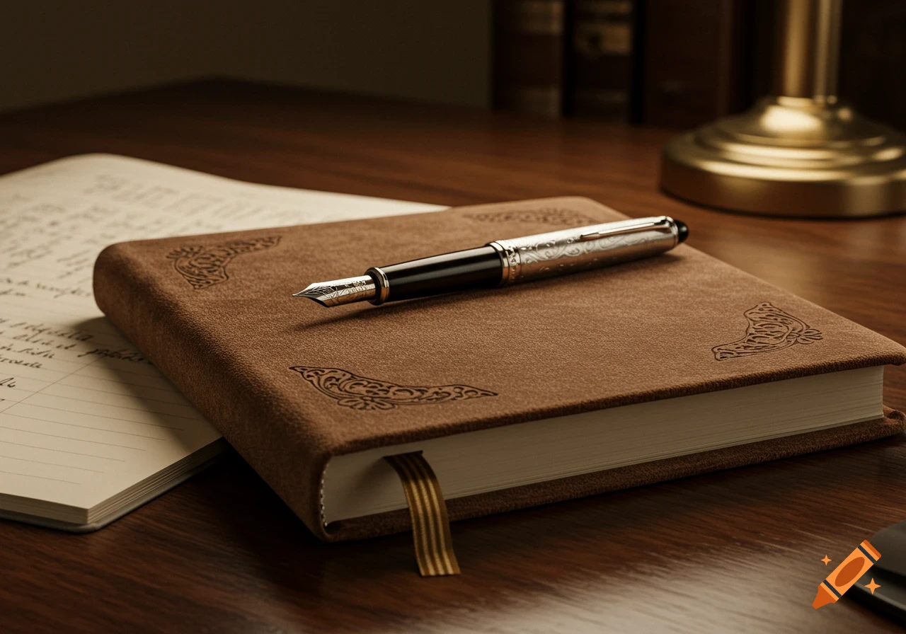 A close-up photorealistic still life of a closed brown leather notebook with an elegant fountain pen lying on top. An open notebook page with illegible handwriting is visible to the left on a wooden desk.