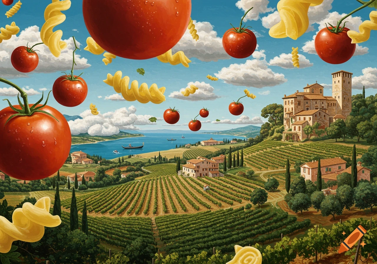 A whimsical Italian landscape with large tomatoes and pasta floating in a blue sky above vineyards, villages, and a bay.