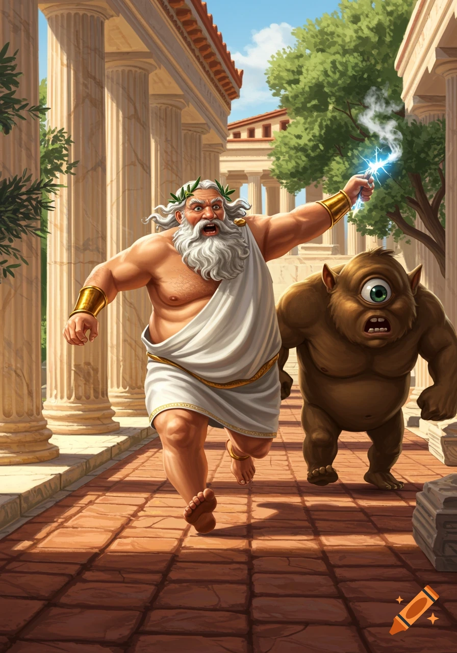 A cartoon Zeus, holding a lightning bolt, runs through a classical Greek setting, chased by a cyclops.