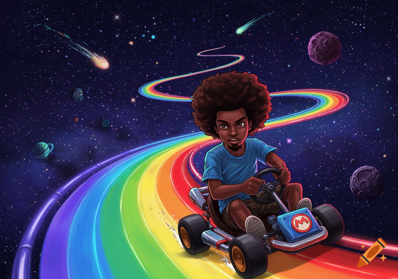 A mixed-race black teenage boy with an afro drives a go-kart on a rainbow road through outer space.