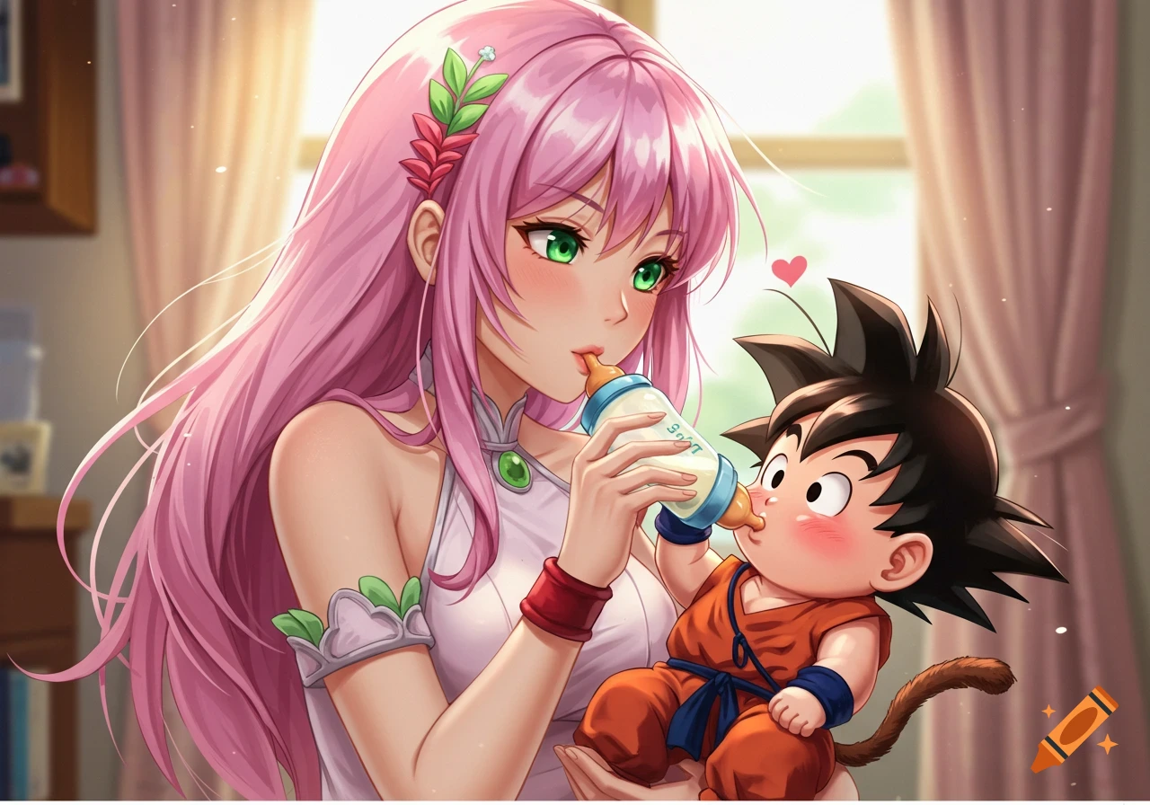 An anime woman with long pink hair and green eyes holds and bottle-feeds a cute baby Goku in her arms in a softly lit room.