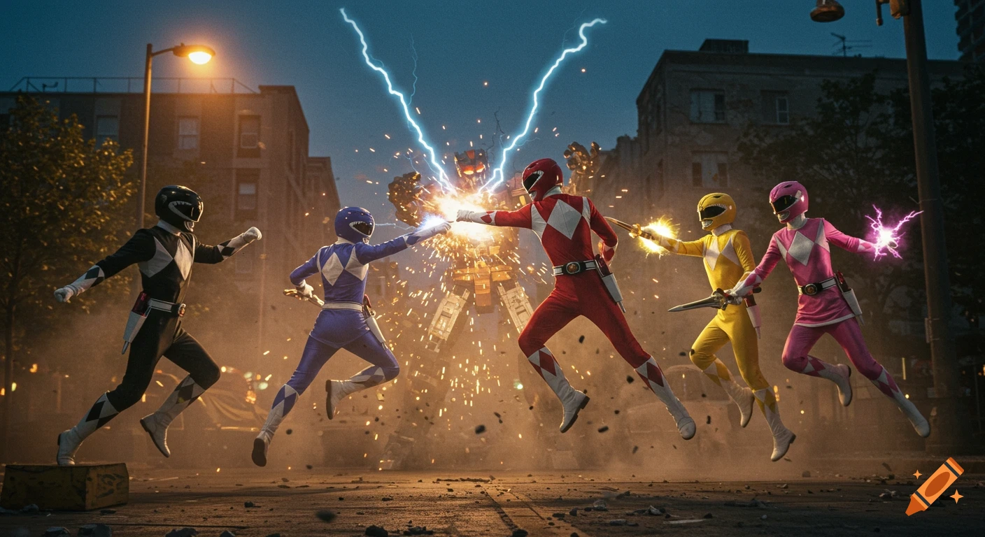 Five Power Rangers leap into action on a cracked urban street at twilight, fighting a towering robotic monster with sparks and lightning.