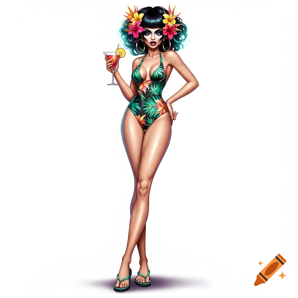 A hyper-realistic illustration of a sassy woman in a tropical swimsuit, flip-flops, and flowers in her hair, holding a cocktail.