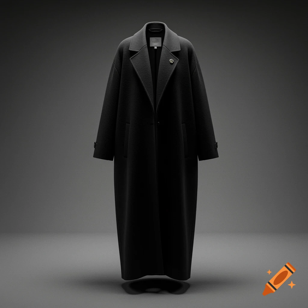 Photorealistic image of a long, oversized black coat on a dark grey background.