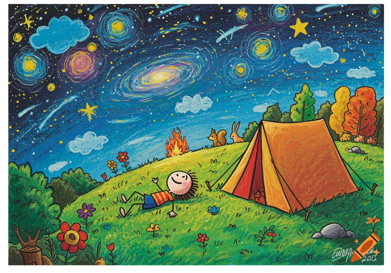 A child's crayon drawing of a happy kid lying on a hill, stargazing at a vibrant night sky with galaxies, next to a camping tent, campfire, and animals.