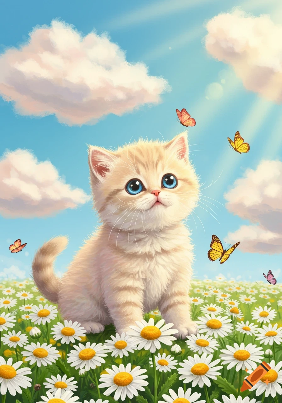 A cute fluffy orange kitten with blue eyes sits in a field of white daisies under a blue sky with butterflies.