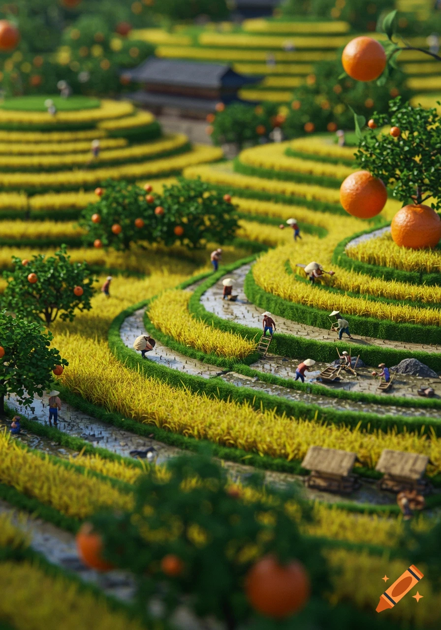 A miniature diorama of terraced rice fields with tiny farmers, orange trees, and small traditional buildings, featuring a strong tilt-shift effect.