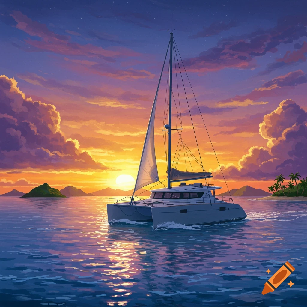 A painterly illustration of a catamaran sailing on calm waters at sunset, with islands and vibrant clouds.