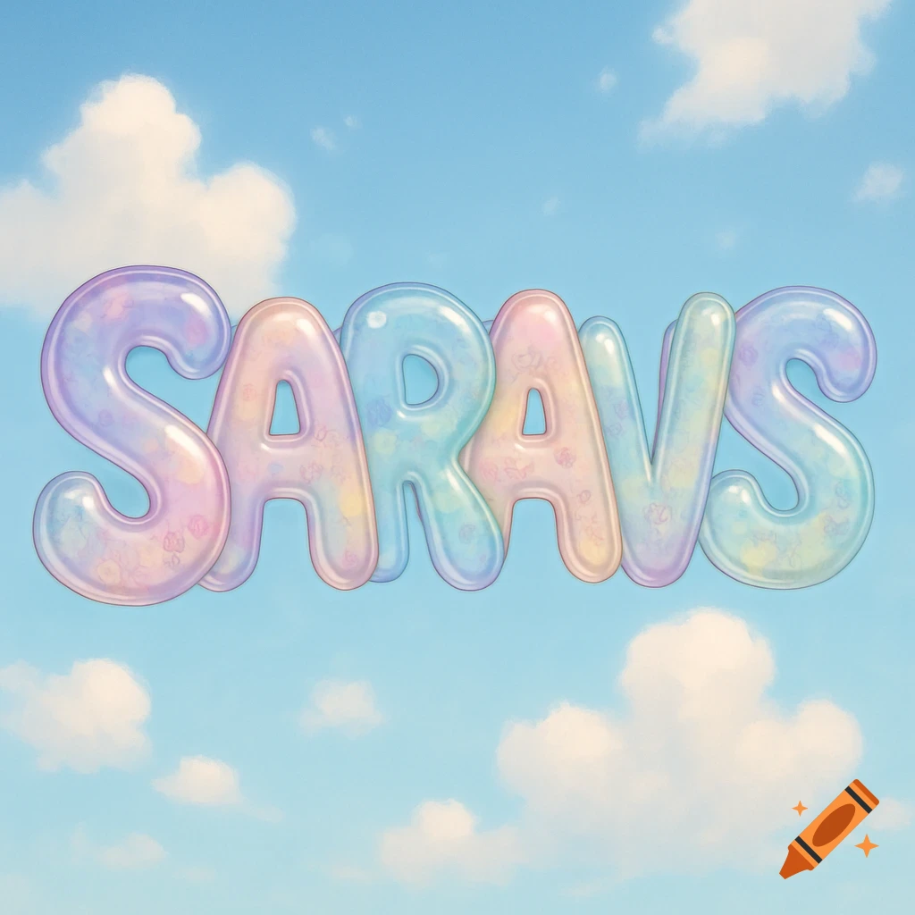 The word 'SARAVS' rendered in colorful, glossy bubble letters against a clear blue sky with white clouds.