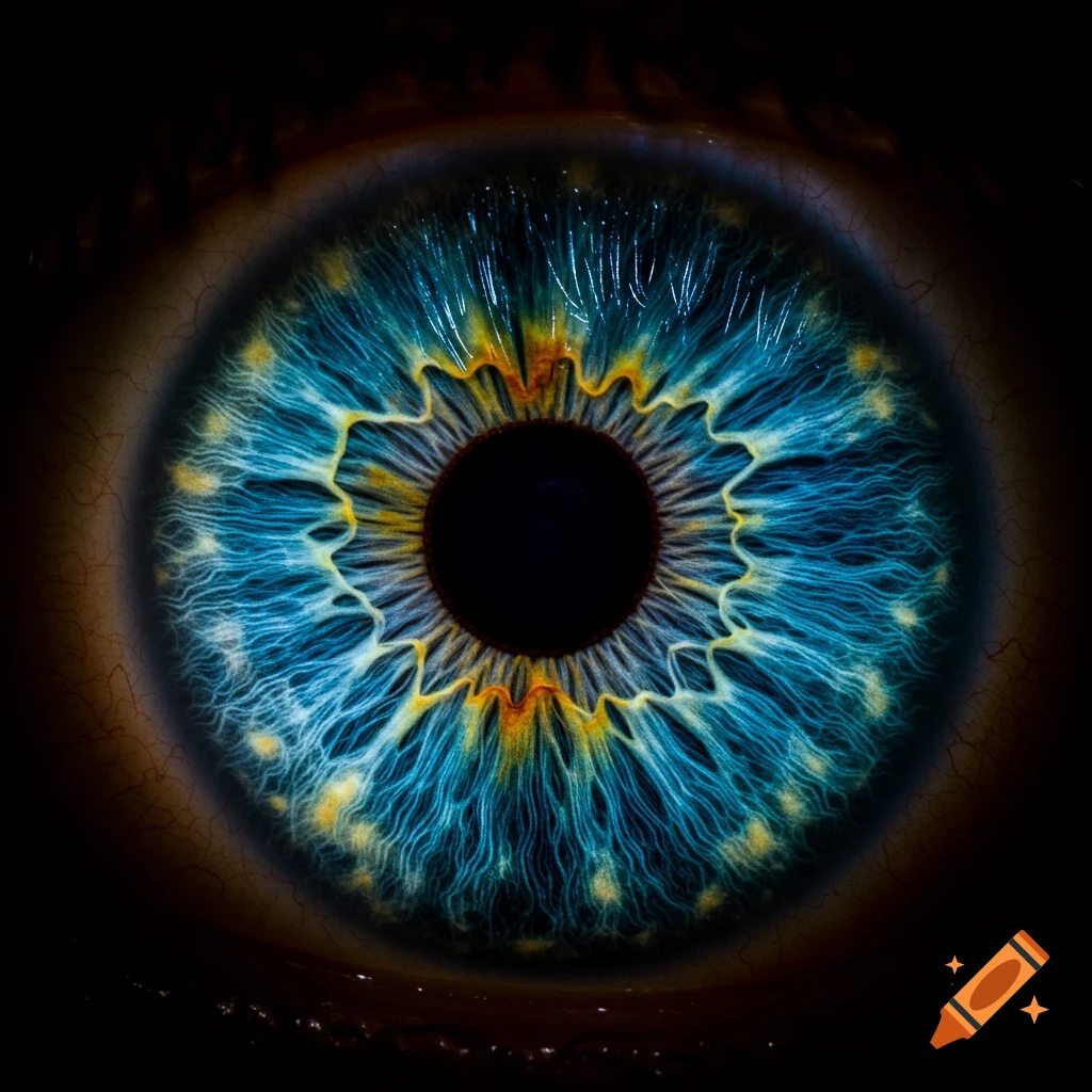 Detailed close-up macro photograph of a blue and yellow human iris with a black pupil, on a dark background.