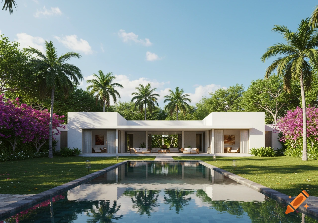 Photorealistic view of a modern white mansion with a long pool, surrounded by tropical trees and pink flowers under a bright blue sky.