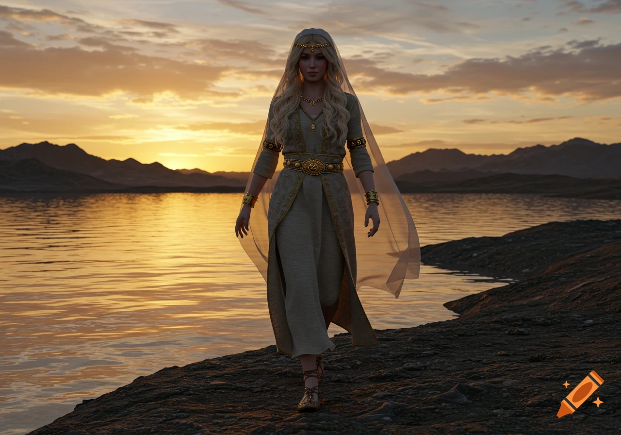 A woman with long blonde hair and a flowing dress walks by a lake at sunset.