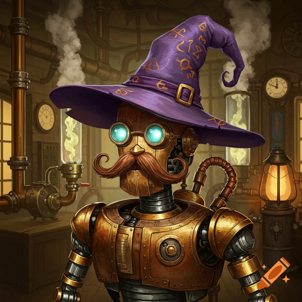 A steampunk robot with a large mustache and glowing blue eyes wears a purple wizard hat in an industrial setting.