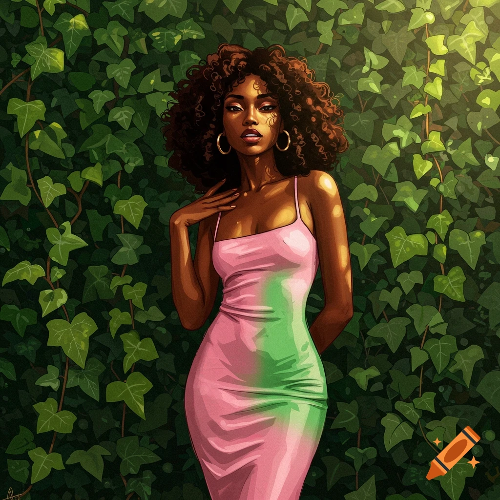 A beautiful digital painting of a Black woman wearing a pink and green dress, standing in front of a wall of green ivy.