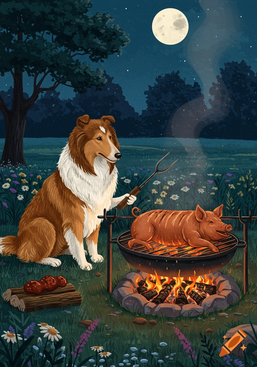 An illustrated collie dog roasts a whole pig on a grill over a campfire at night under a full moon.