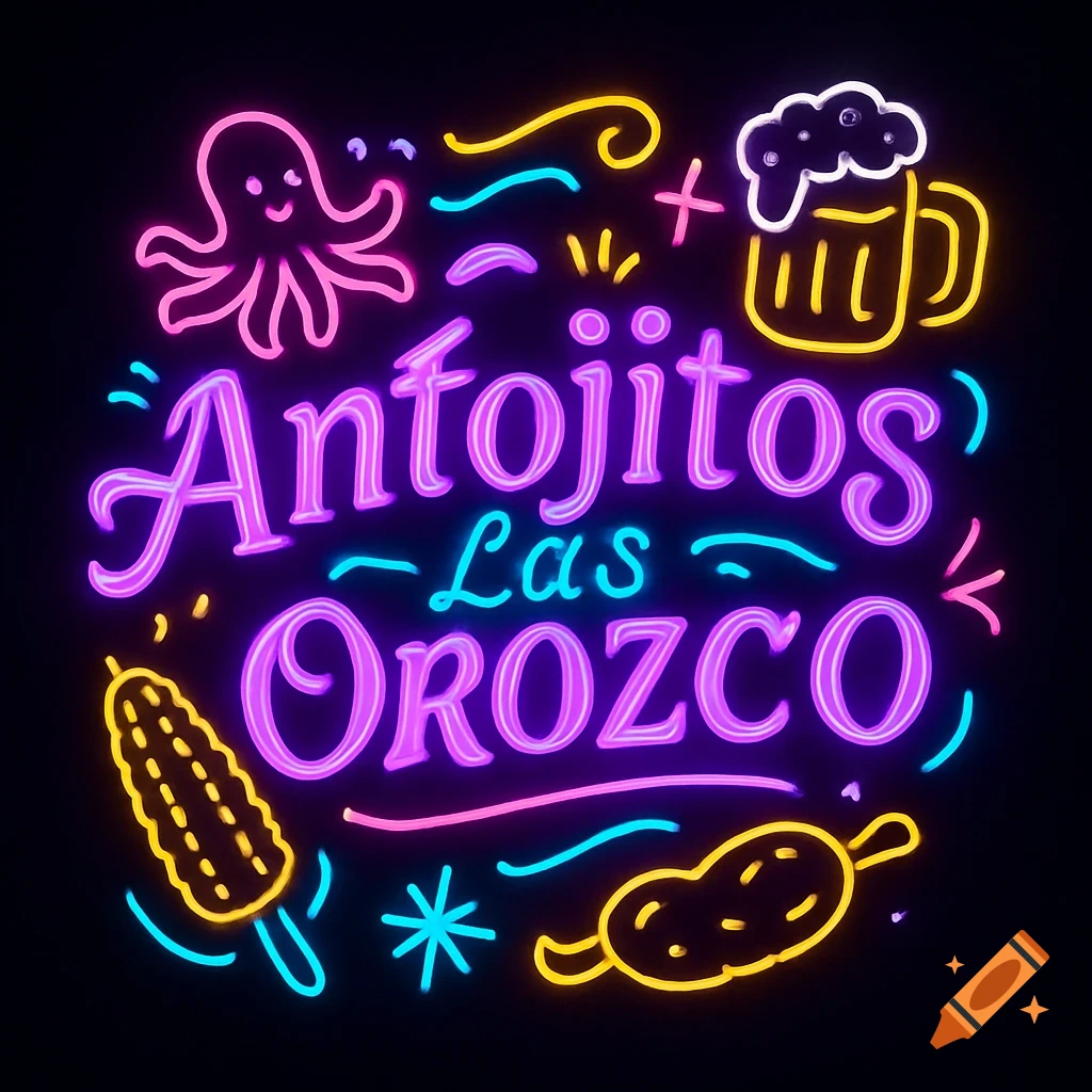 A vibrant neon sign for 'Antojitos Las Orozco' with purple, pink, yellow, and turquoise glow, featuring an octopus, corn on the cob, and a beer mug on a dark background.