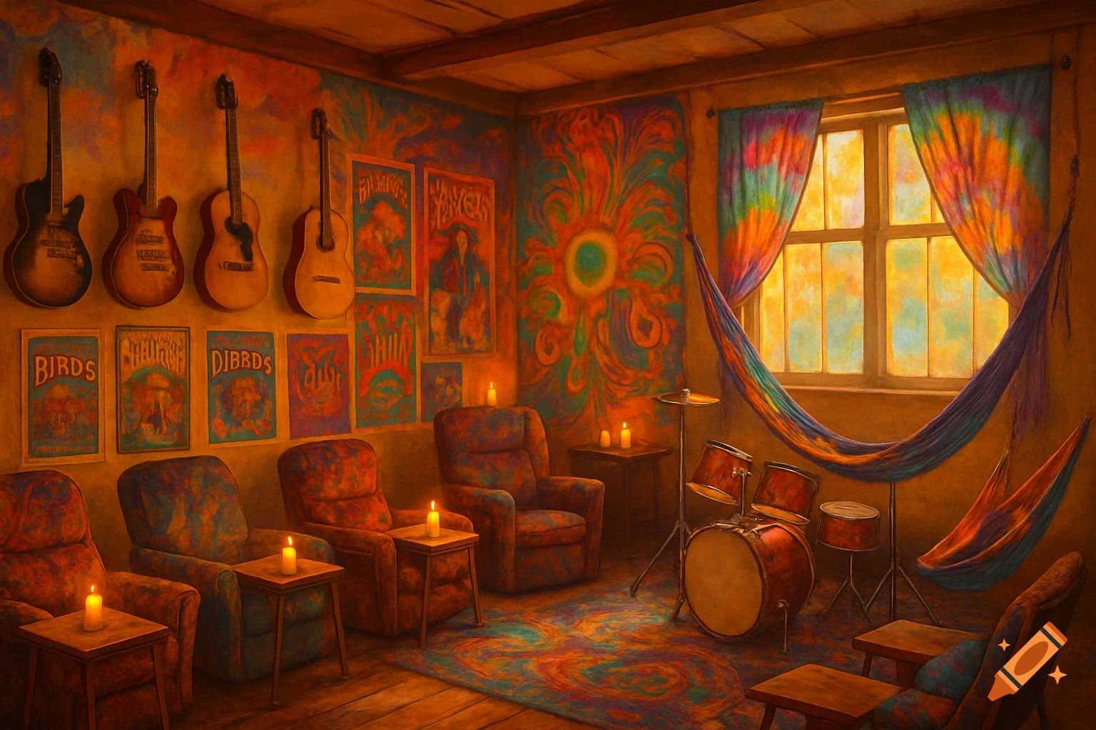 A cozy, hippie-inspired room with colorful decor, guitars, drums, recliners, hammocks, and candles.