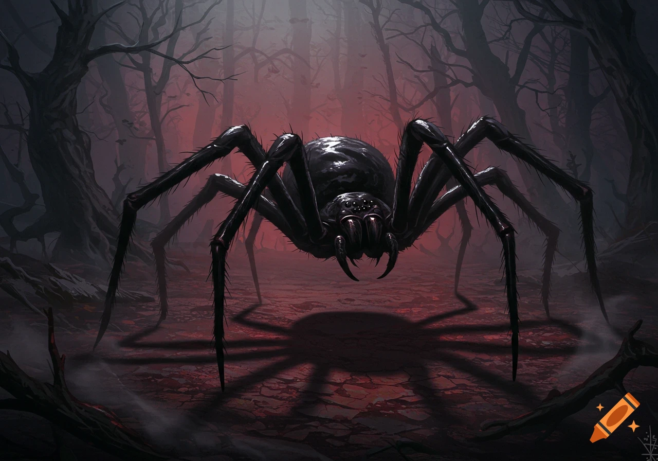 A large, menacing black spider with glowing eyes and fangs stands in a dark, misty forest with gnarled trees and a red glow.