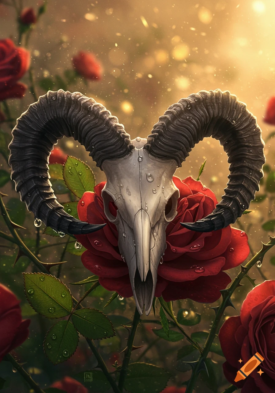 Detailed fantasy illustration of a ram skull with horns on a rose bush with thorns and water droplets, in golden light.