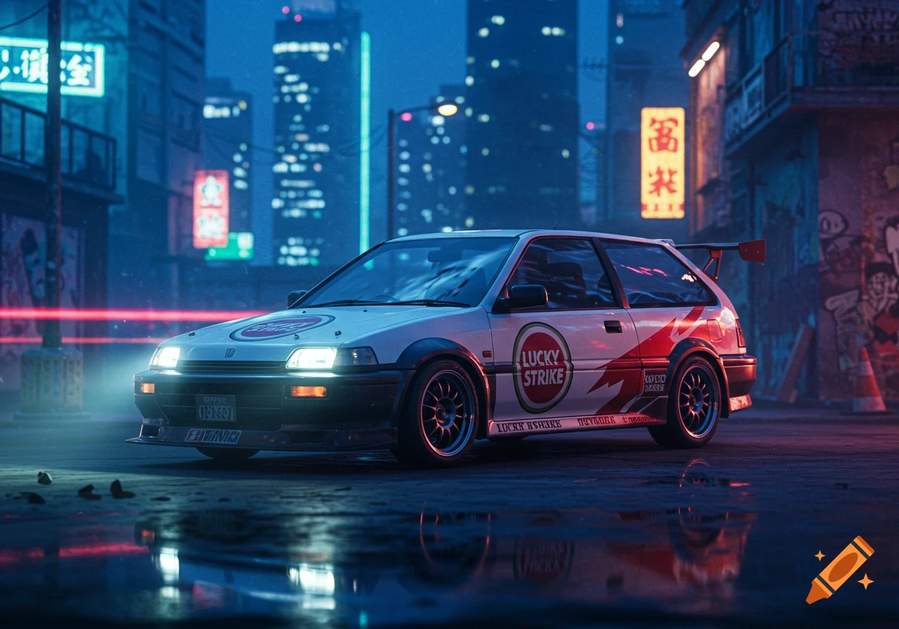 A white Honda City Turbo car with Lucky Strike decals is parked on a wet, neon-lit city street at night, with tall buildings in the background.