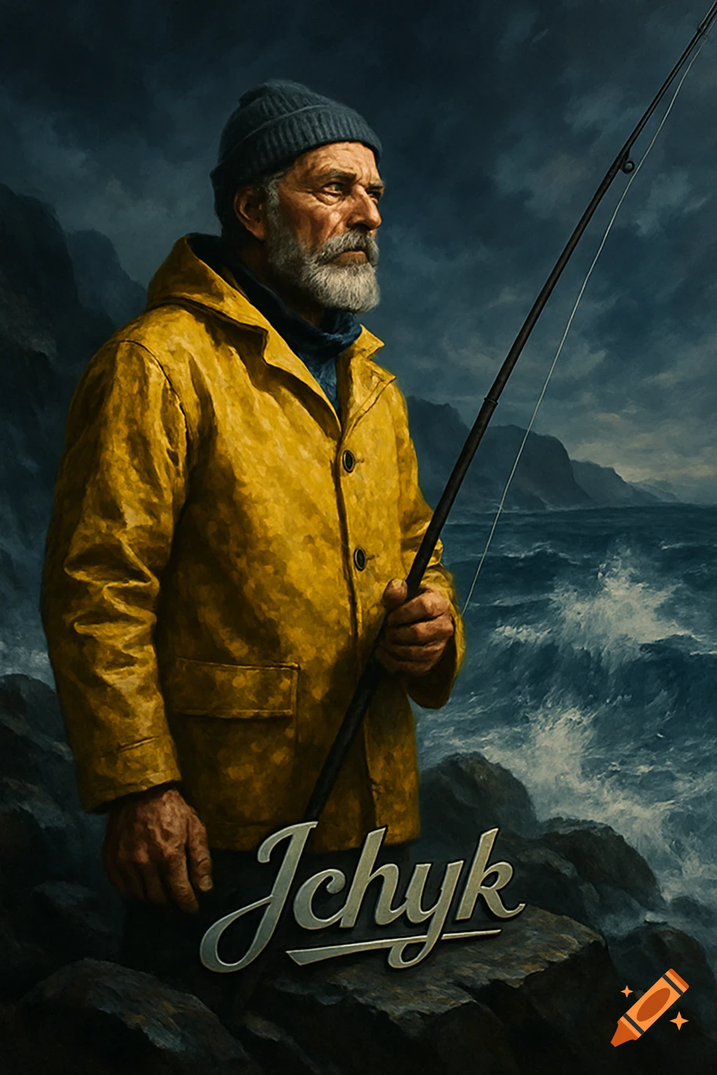 Painting of an old fisherman in a yellow raincoat holding a fishing rod by a stormy sea, with 'Jchyk' logo.