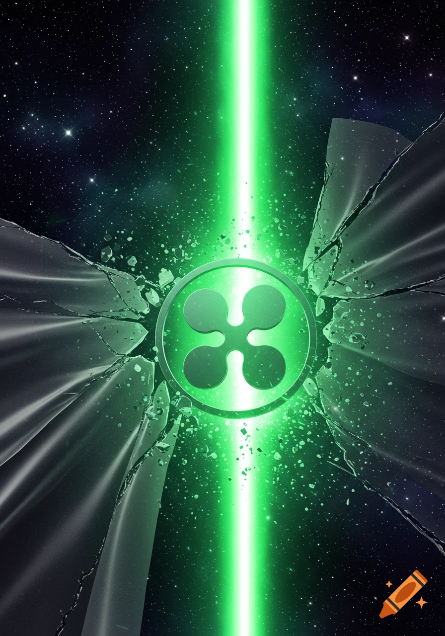 A glowing green Ripple (XRP) logo at the center of a shattered, glass-like veil, with a bright green laser beam cutting through it in a starry space background.
