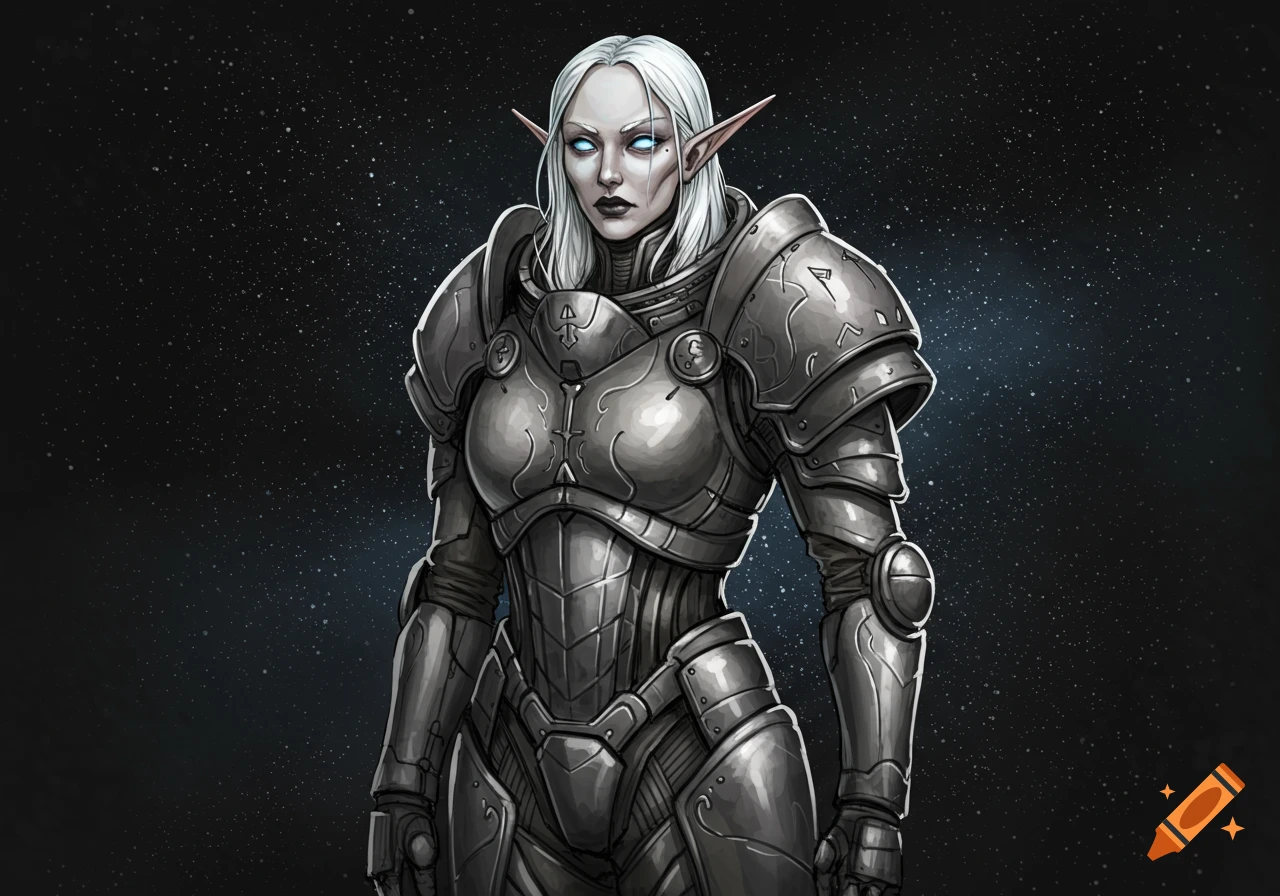 A hand-drawn undead elf woman in bulky sci-fi space armor against a starry background.