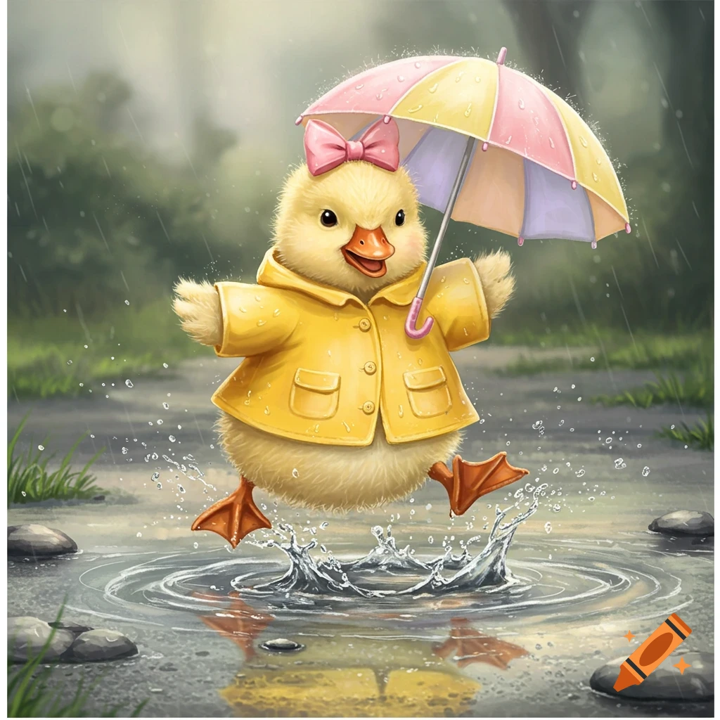 A cute baby duckling in a yellow raincoat and pink bow jumps in a puddle, holding a pink and yellow umbrella in the rain.