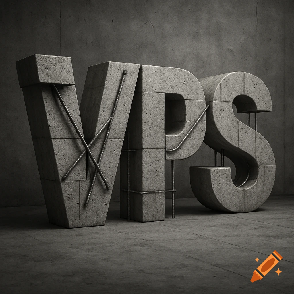 Large 3D concrete letters spelling 'VPS' with exposed rebar, set against a dark concrete background in an industrial style.
