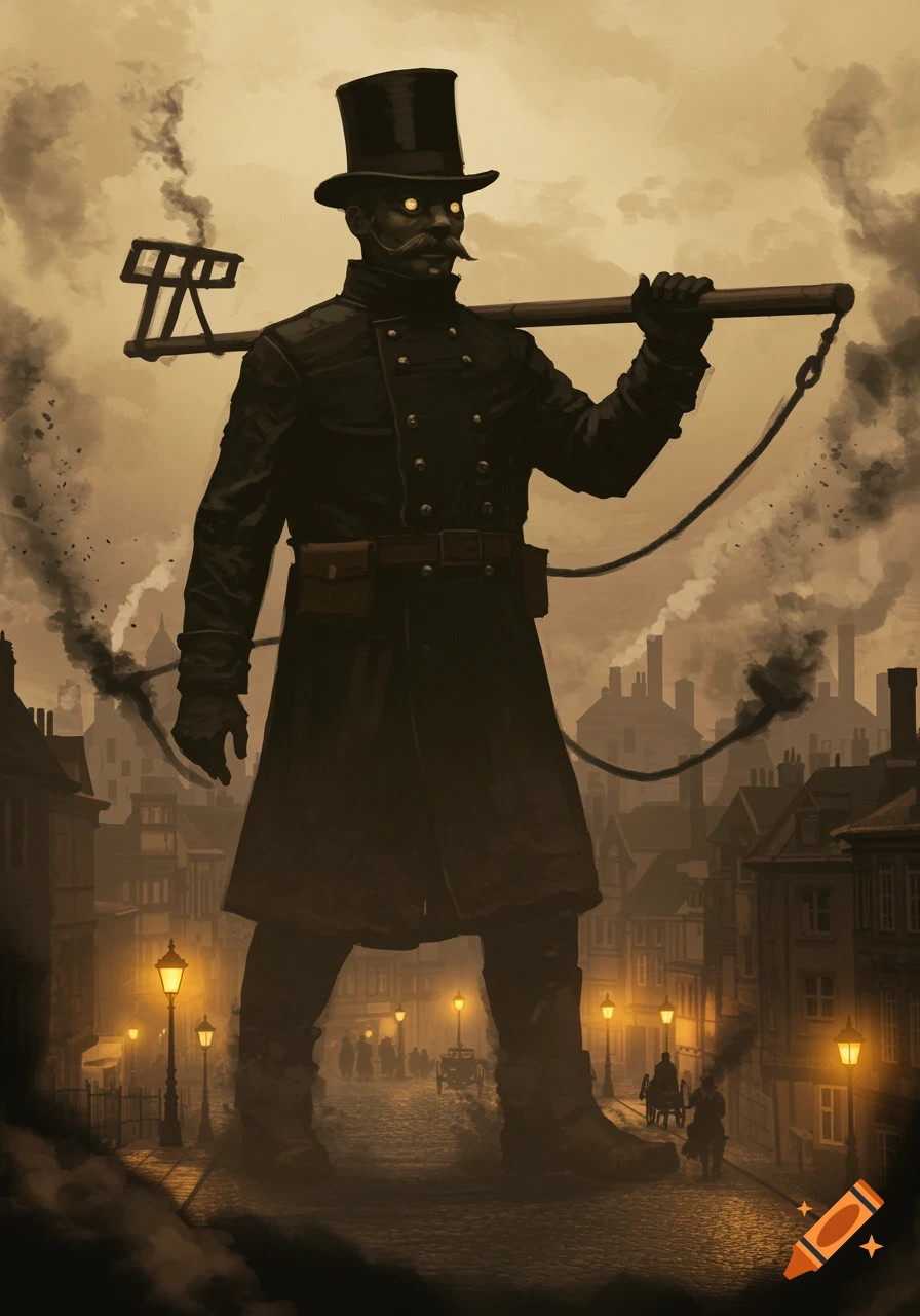 A giant, shadowy chimney sweep with glowing eyes stands in a dark, foggy Victorian street with gas lamps.