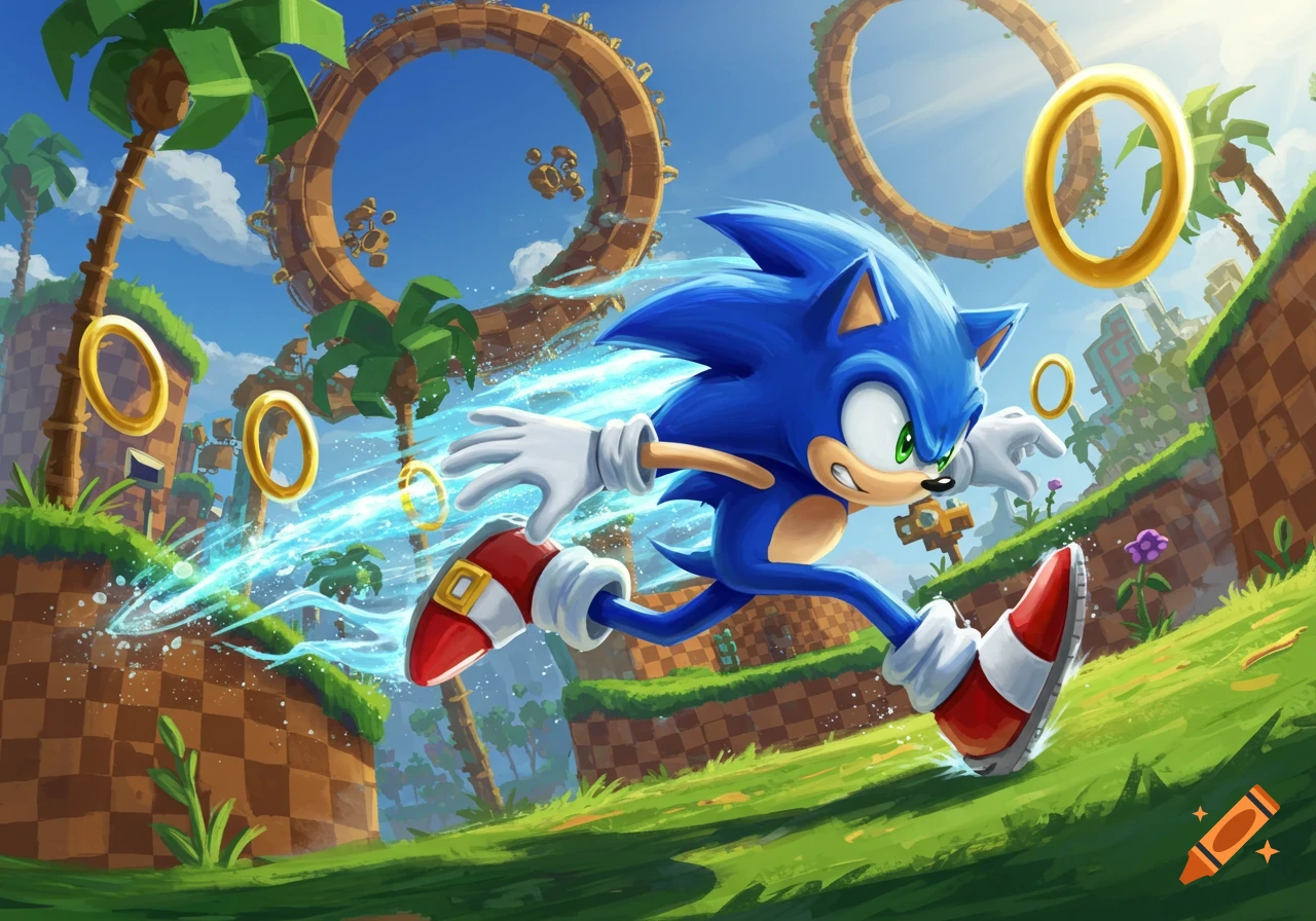 Sonic the Hedgehog dashes through Green Hill Zone, surrounded by gold rings and palm trees, with iconic loops in the background.