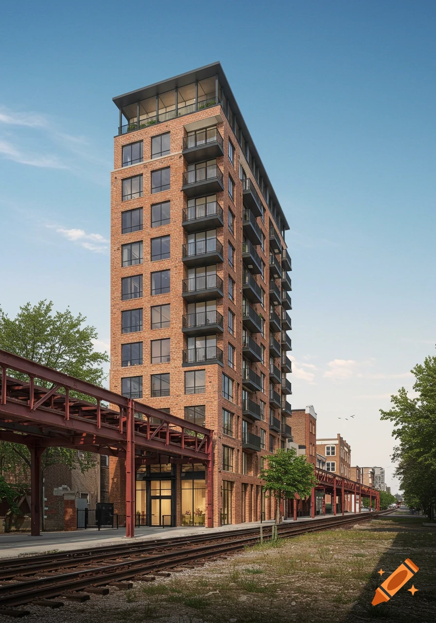 A modern brick apartment building with black balconies next to an elevated red train track under a clear blue sky.