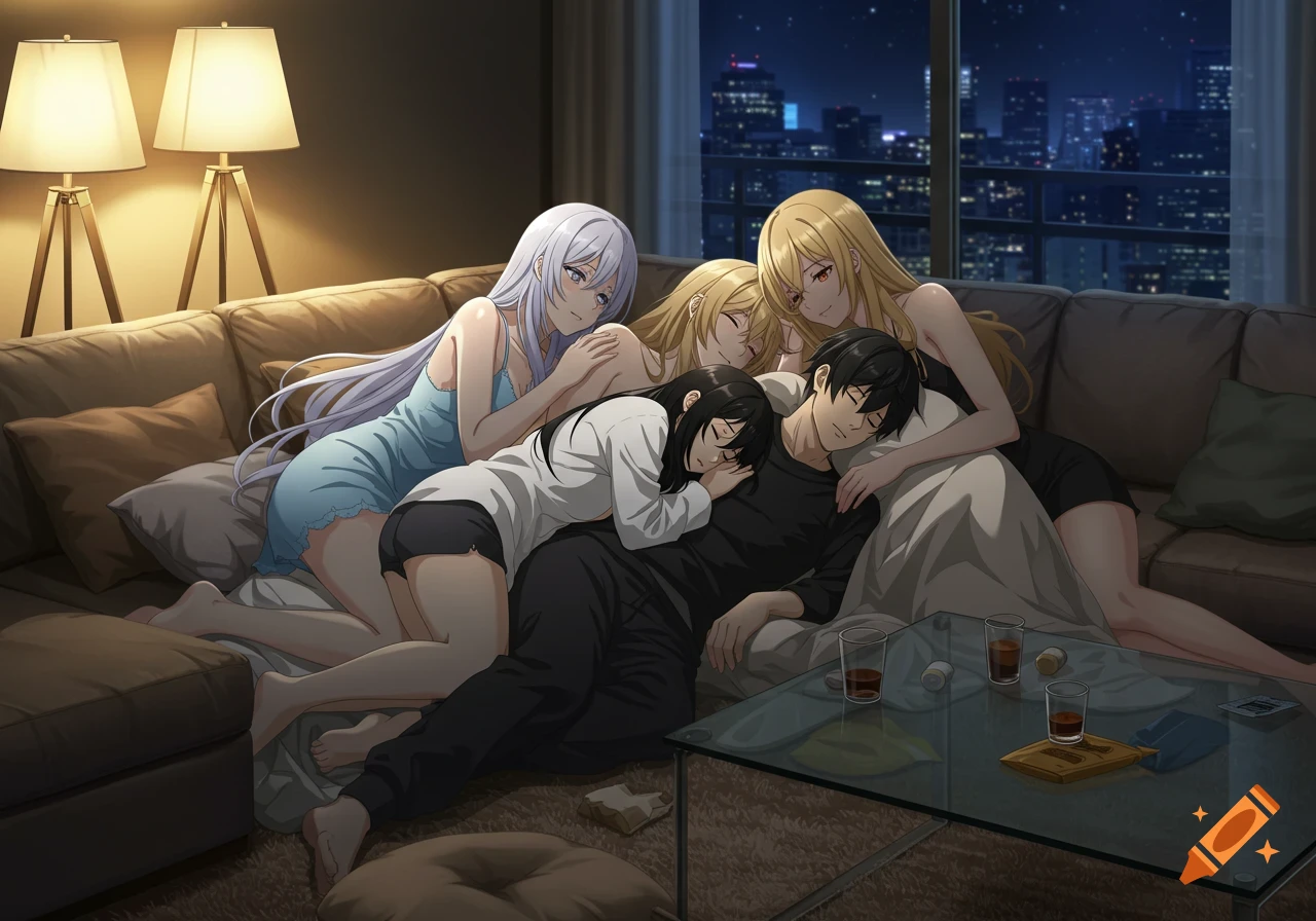 An anime scene of a man sleeping on a couch with four women resting on and around him in a cozy living room at night.