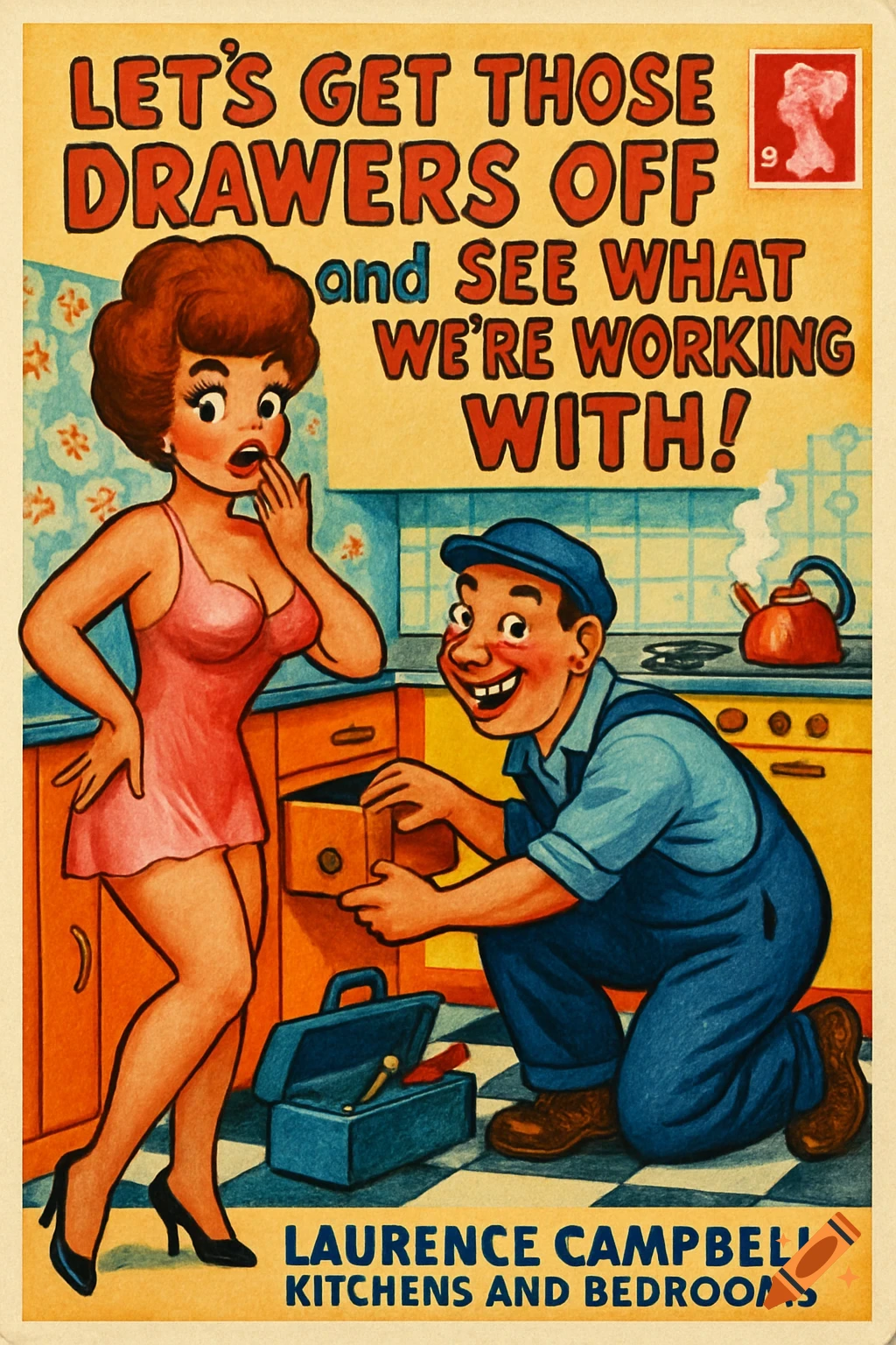 A vintage-style postcard illustration of a shocked woman in a pink slip next to a grinning workman inspecting a kitchen drawer, with a double entendre caption.