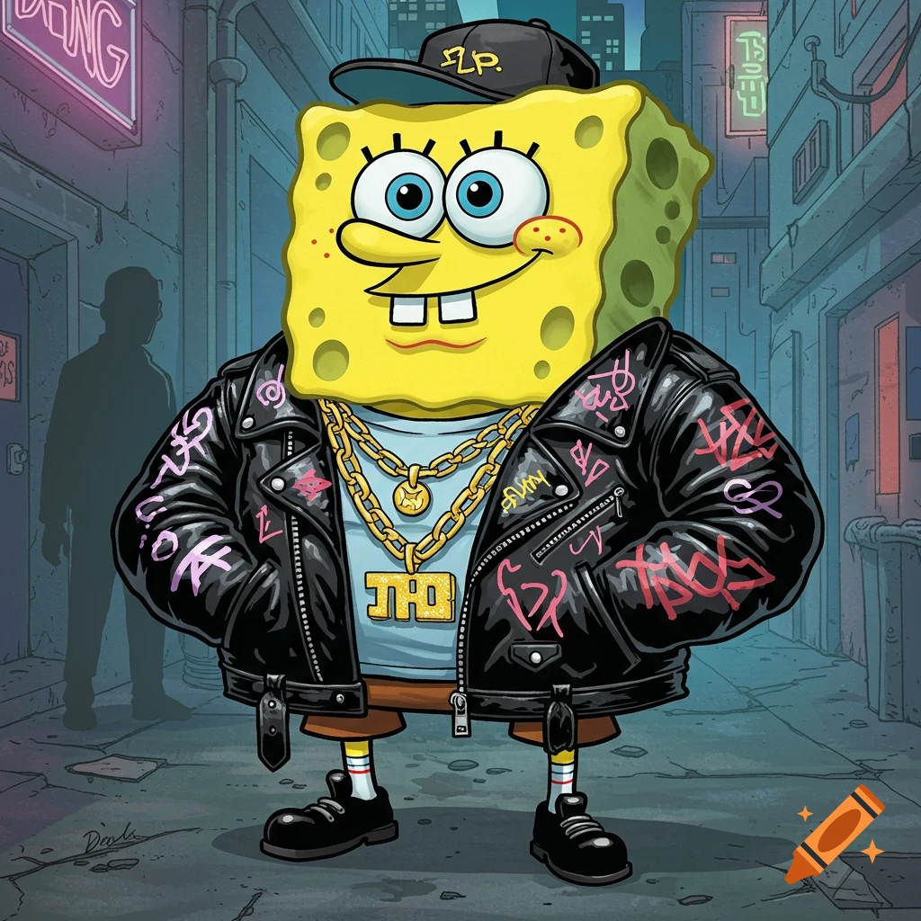 Spongebob Squarepants dressed in a black leather jacket with graffiti, gold chains, and a baseball cap, standing in a dark urban alley with neon signs.