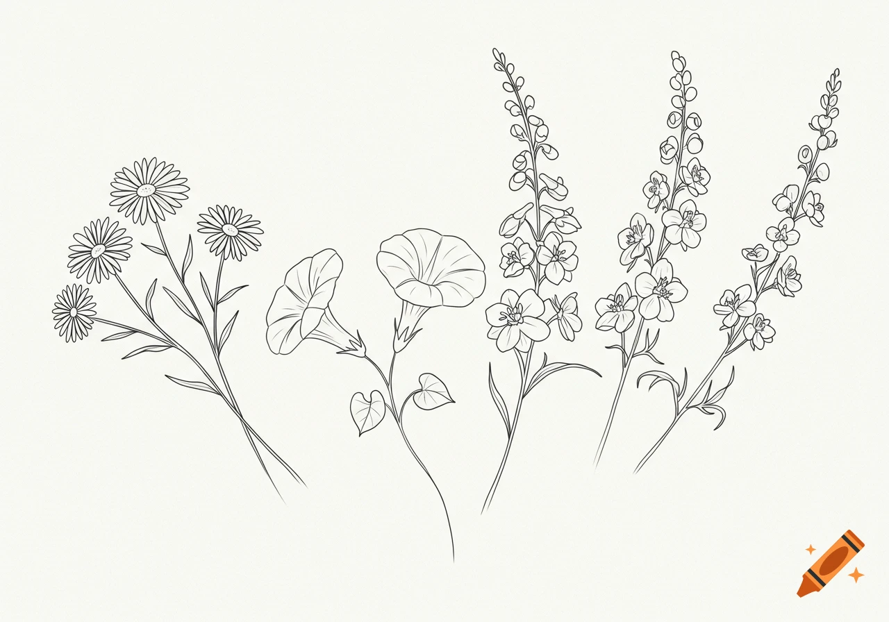 Fine line illustration of asters, morning glories, and larkspur flowers arranged horizontally.