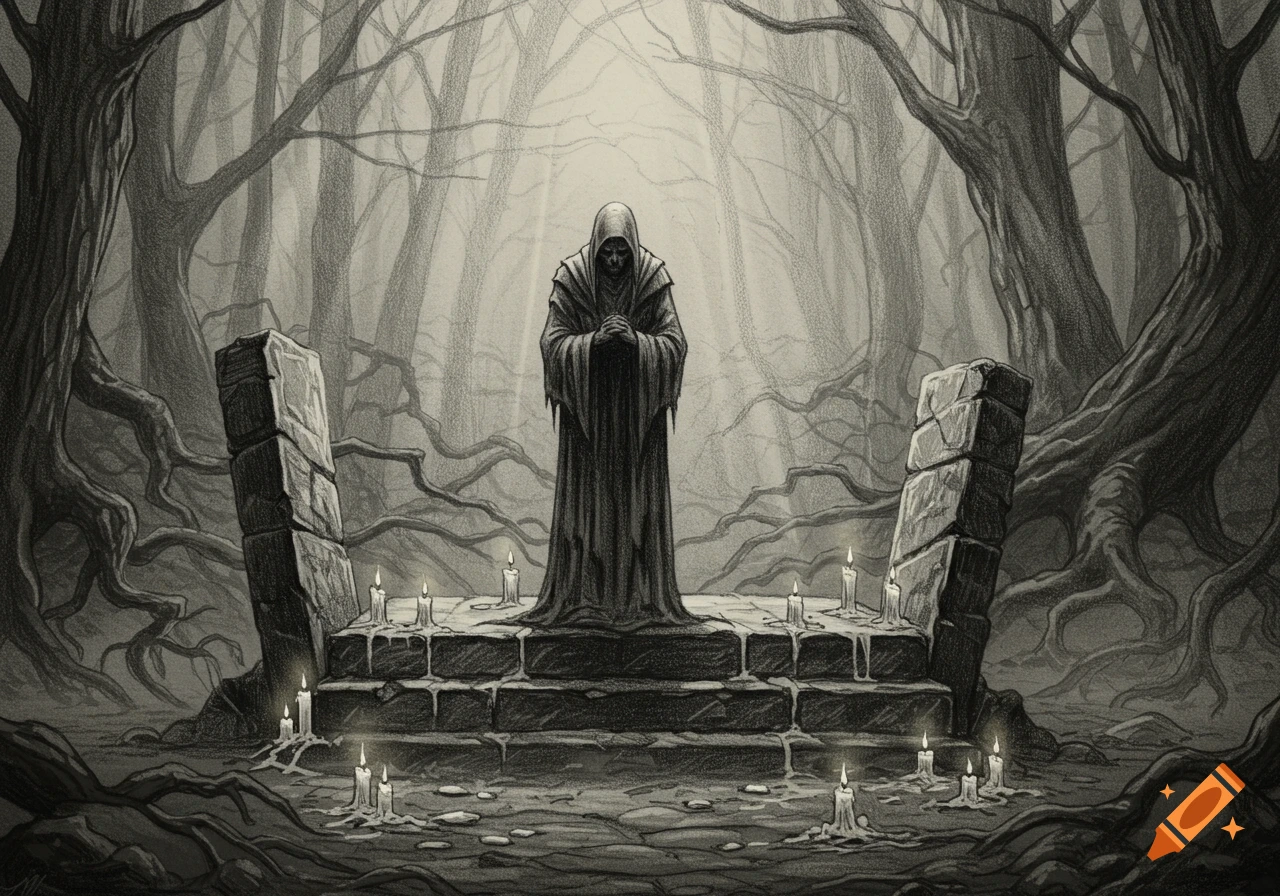 Sketch of a robed figure standing on a stone platform surrounded by candles in a dark, gnarled forest.