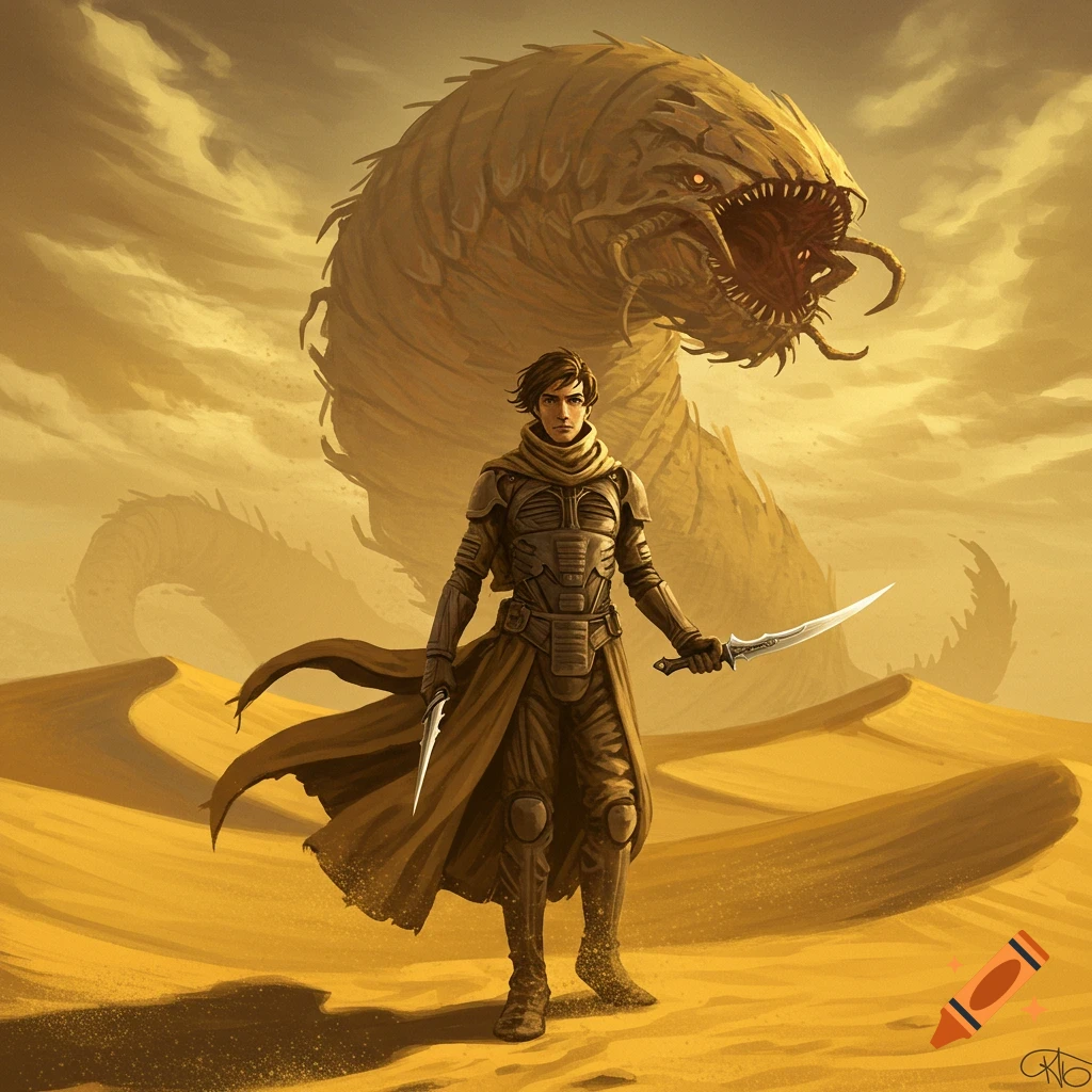 Paul Atreides with crysknives stands before a colossal sandworm in a sandy desert with dunes, painted style.