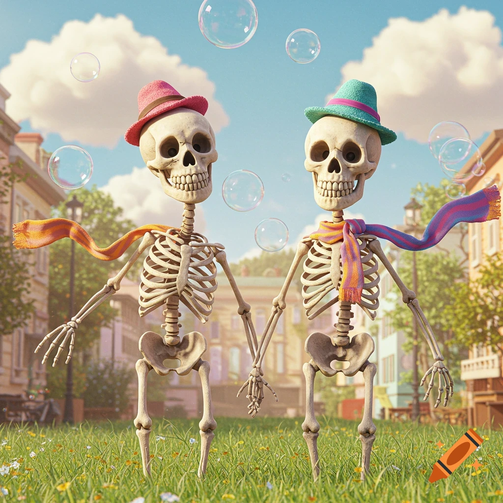 Two cartoon skeletons, one in a pink hat and orange scarf, the other in a green hat and purple scarf, hold hands in a grassy park with bubbles.