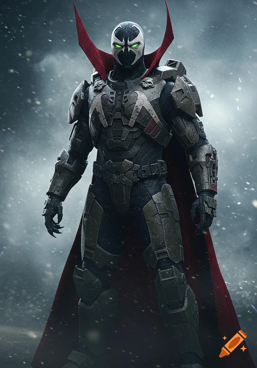 Full-body portrait of Spawn in Halo Spartan armor with red cape, green eyes, in a snowy, foggy environment, photorealistic style.