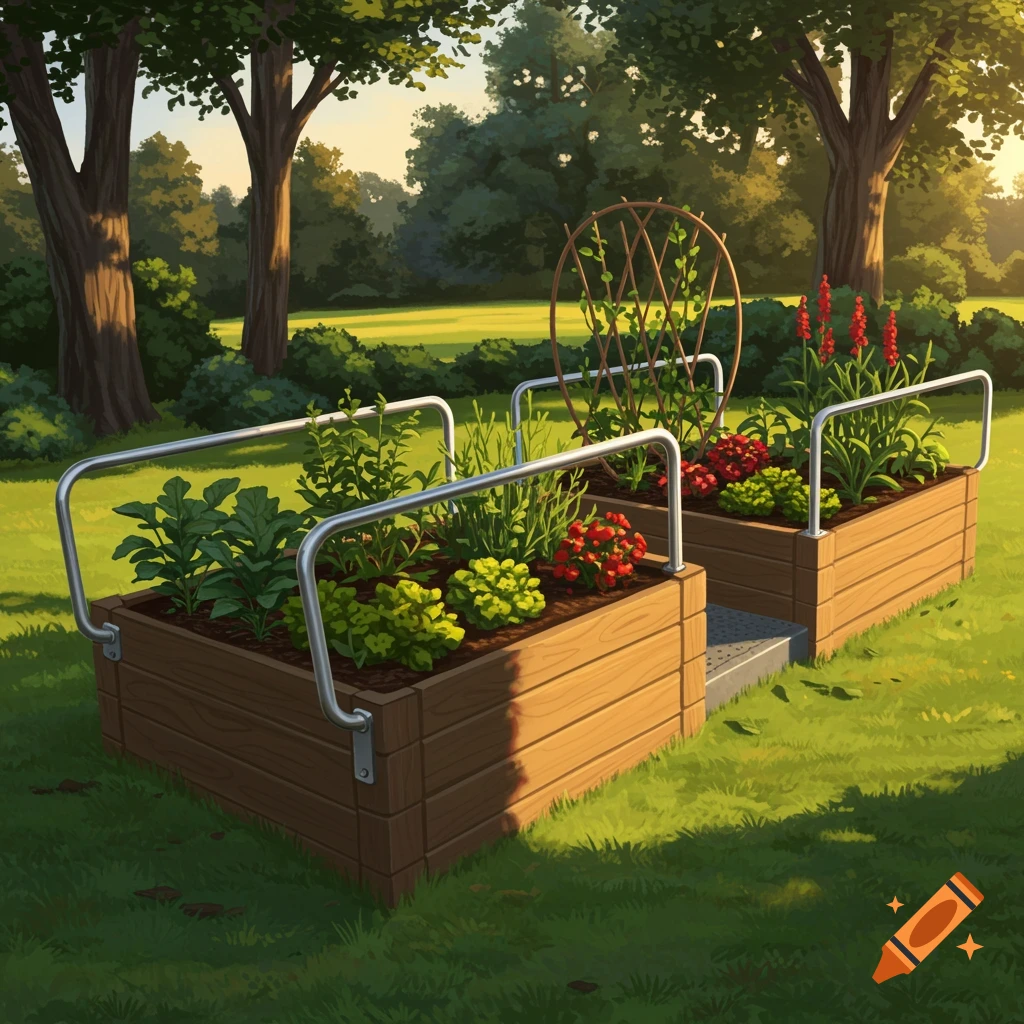 A stylized illustration of a raised wooden garden bed with silver handrails, full of green plants and red flowers, set in a sunny park.